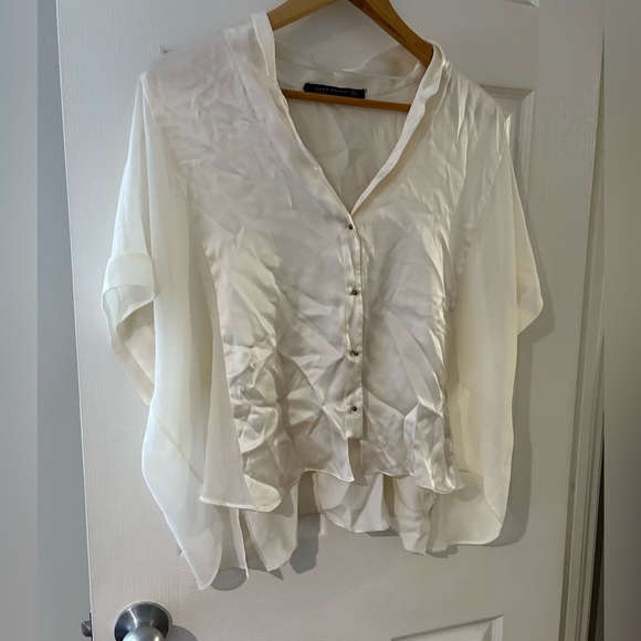 Zara silk short sleeve button down blouse oversized small white cream - Picture 1 of 10